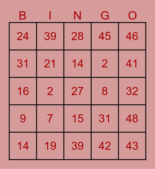 Number Bingo Card