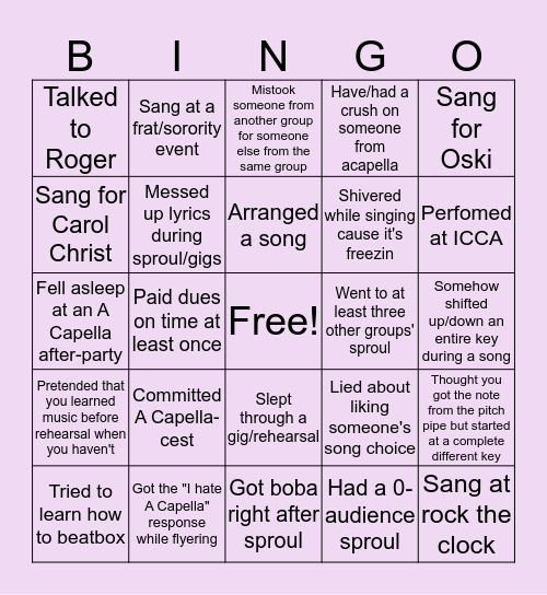 Cal A Capella Bingo Card