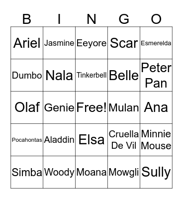 Disney Characters Bingo Card