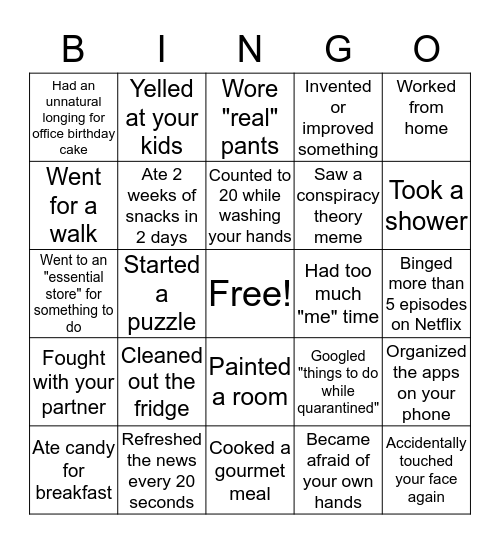 Shelter in Place 11 Bingo Card