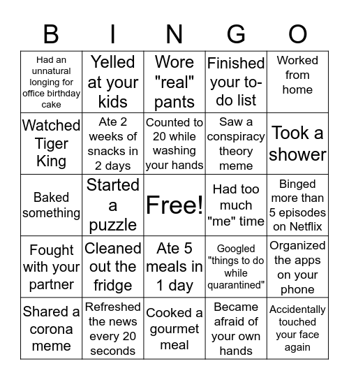Shelter in Place 12 Bingo Card