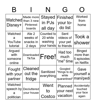 Shelter in Place 15 Bingo Card