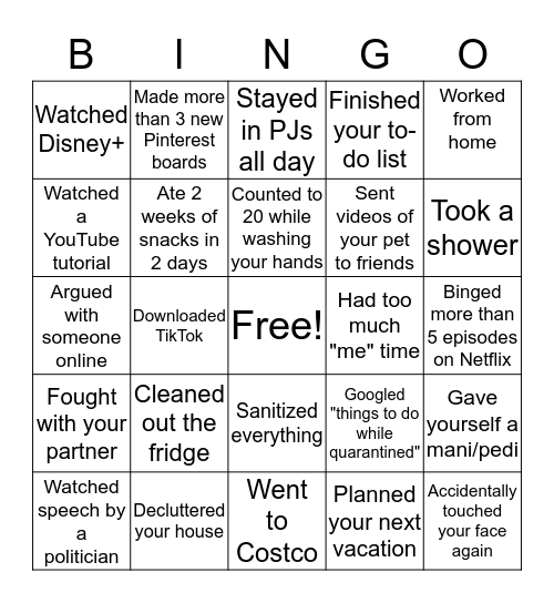 Shelter in Place 15 Bingo Card
