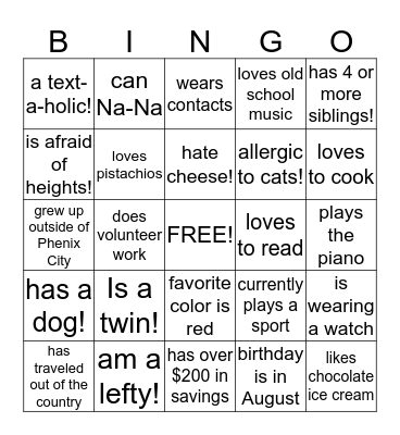 Human Bingo  Bingo Card