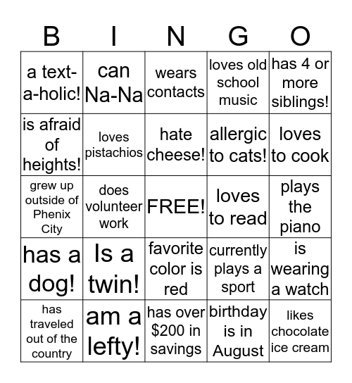 Human Bingo  Bingo Card