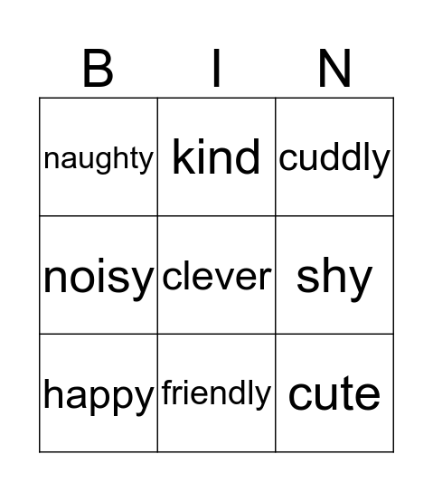 Personality Adjectives Bingo Card