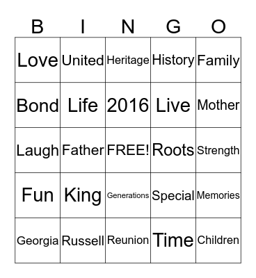 King & Russell 2016 Reunion Bingo Card