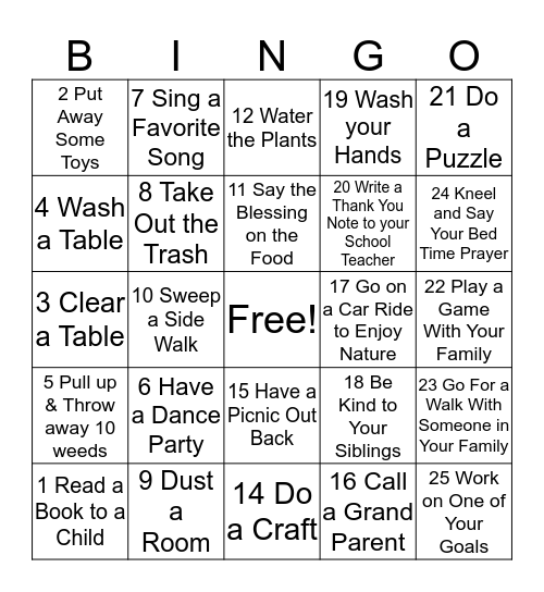 Primary Activity At Home Bingo Card