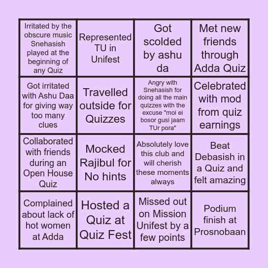 ADDA QUIZ BINGO Card