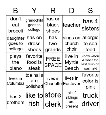 BYRD'S FAMILY BINGO Card