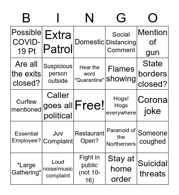 COVID-19 Apocalypse Dispatcher Bingo Card