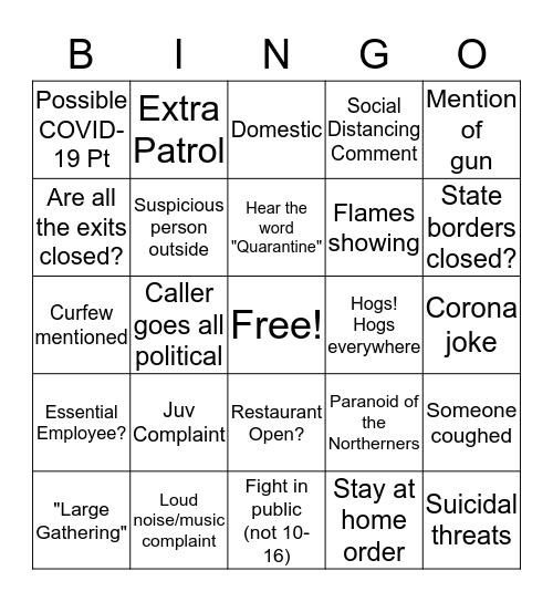 COVID-19 Apocalypse Dispatcher Bingo Card