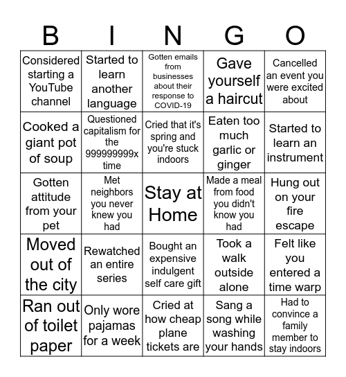 Social Distancing Bingo Card