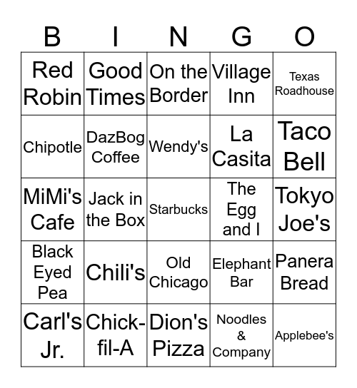 Chain Restaurant Bingo Card