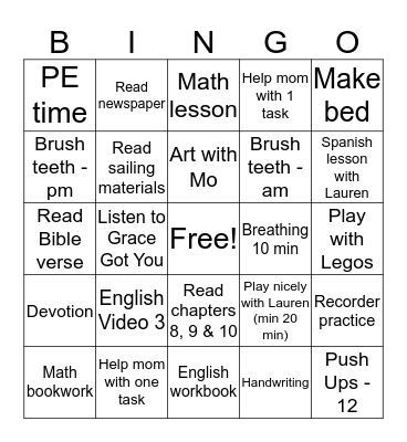 Monday Bingo Card