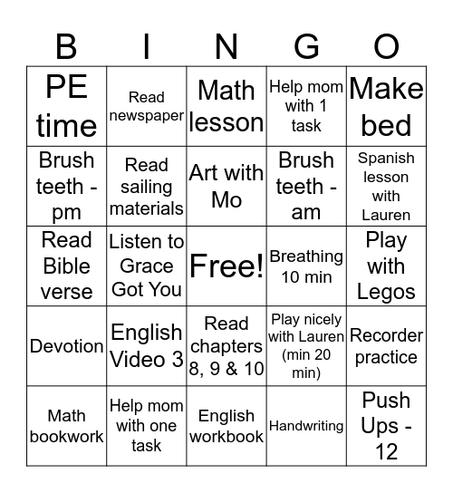 Monday Bingo Card