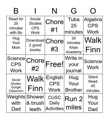 Daily Activities Bingo Card