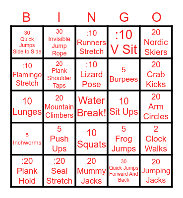 Fitness Bingo Card