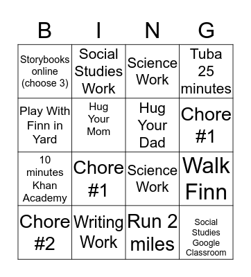 Boden's Daily Activities Bingo Card