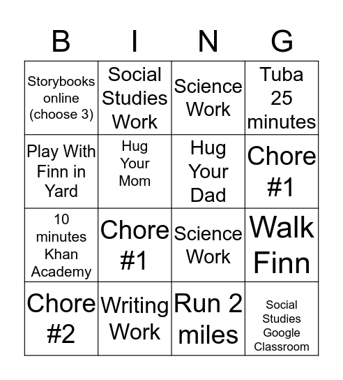 Boden's Daily Activities Bingo Card