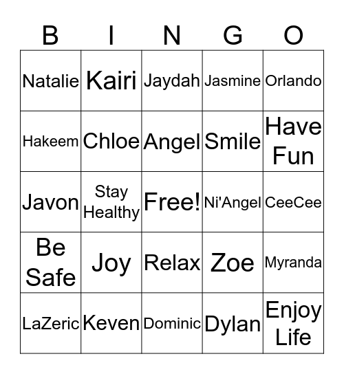 New Direction Children Bingo Card
