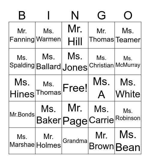 New Direction Staff Bingo Card