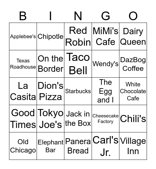 Chain Restaurant Bingo Card
