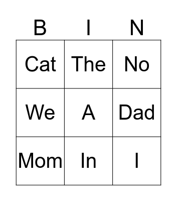PreK sight words list 1 Bingo Card