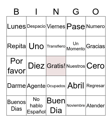 Spanish Bingo Card