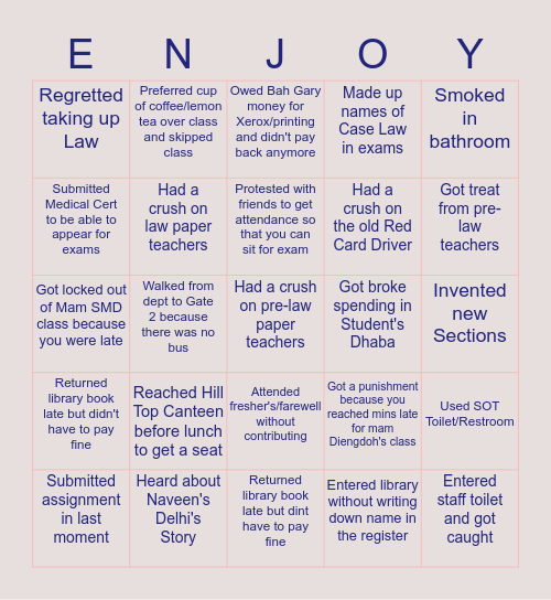 NEHU Law Dept Bingo Card