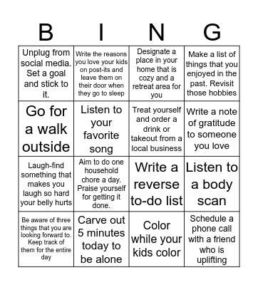 Self-Care for Parents! Bingo Card