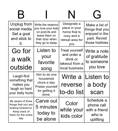 Self-Care for Parents! Bingo Card