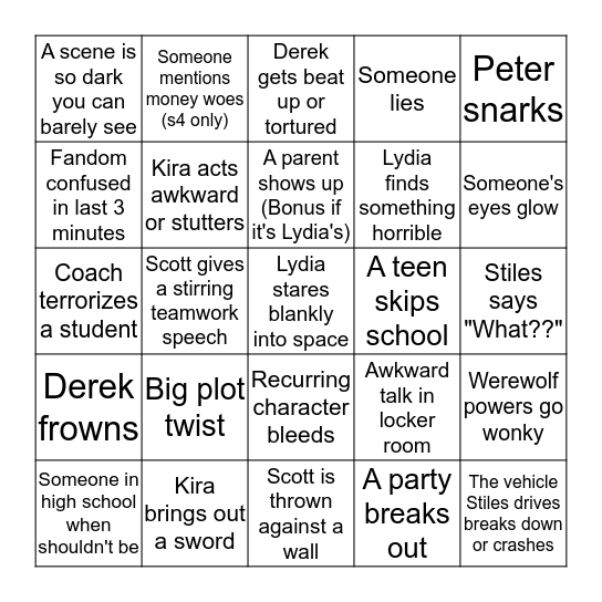Teen Wolf Bingo Card
