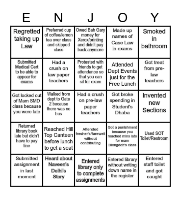 NEHU Law Dept Bingo Card