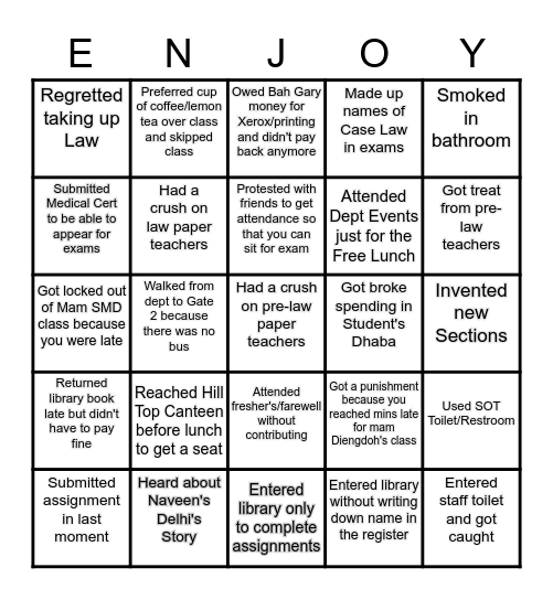 NEHU Law Dept Bingo Card
