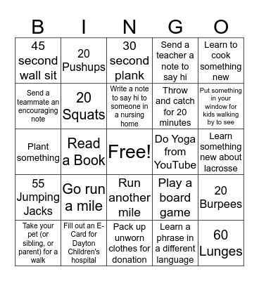 Lady Elks Lacrosse Bingo Card