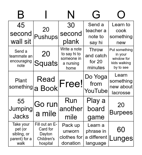 Lady Elks Lacrosse Bingo Card