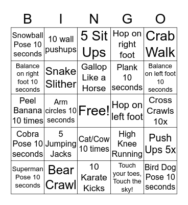 Movement Break Bingo Card