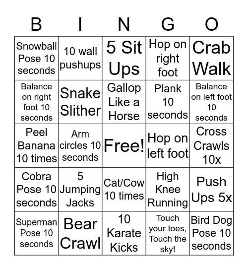 Movement Break Bingo Card