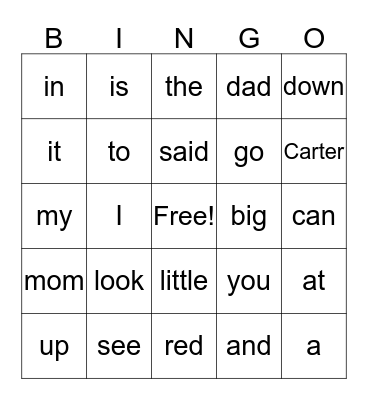 Carter's Sight Words Bingo Card