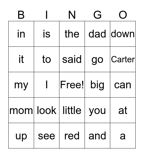Carter's Sight Words Bingo Card