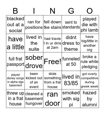 Theta Zeta Bingo Card