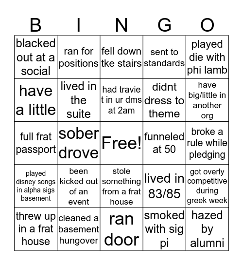 Theta Zeta Bingo Card