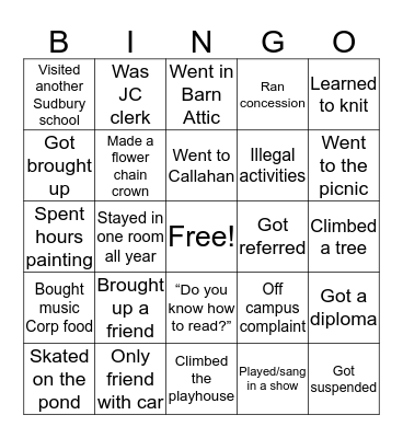 SUDBURY VALLEY Bingo Card