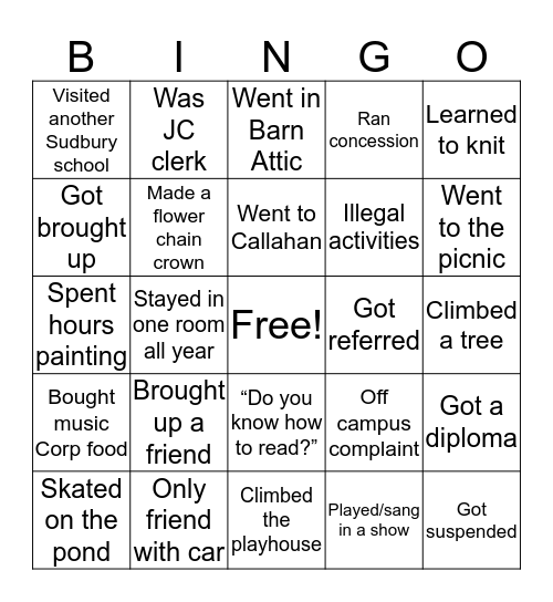 SUDBURY VALLEY Bingo Card