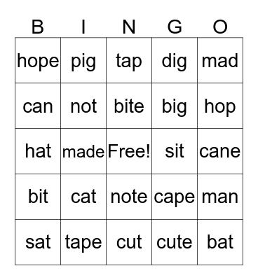 Word Family BINGO Card