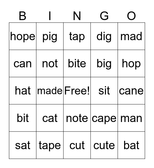 Word Family BINGO Card