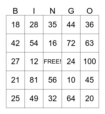 Multiplication BINGO Card