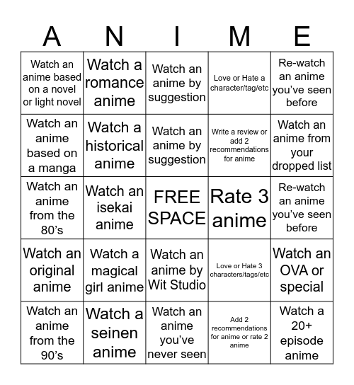 AP's Anime Bingo Challenge Bingo Card