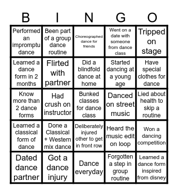 Dancer's Bingo Card